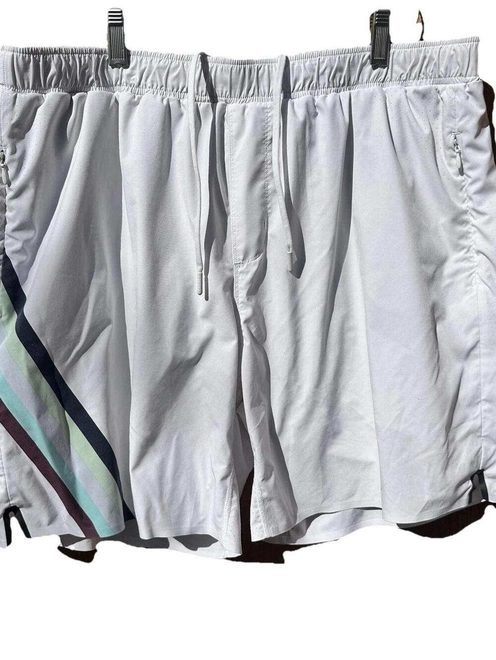 Rhone Men's Mako Training Shorts - White with Retro Stripe - Size XL - 7" Inseam